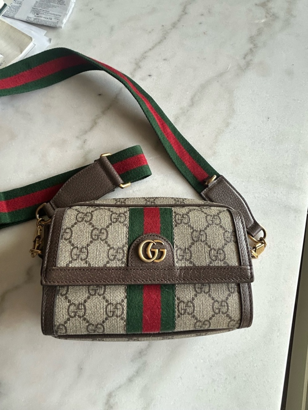Gucci GG Canvas Crossbody Bag in Brown with Green & Red Stripe